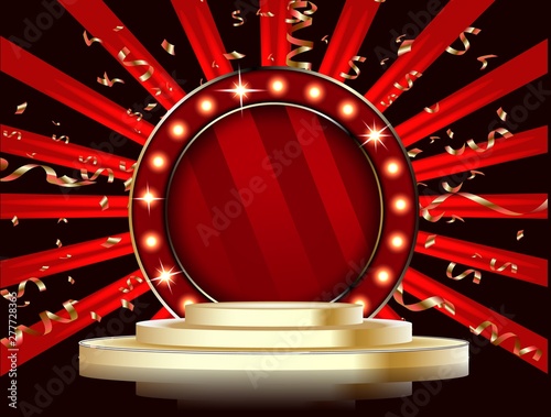 Round stage podium with light. Festive podium scene ceremony.