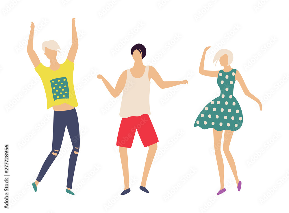 Dancing people in good mood isolated cartoon characters. Vector teenagers, animated man and woman in flat style. Boy in jeans, red shorts, girl in dress Dancing people in good mood isolated cartoon characters. Vector teenagers, animated man and woman in flat style. Boy in jeans, red shorts, girl in dress