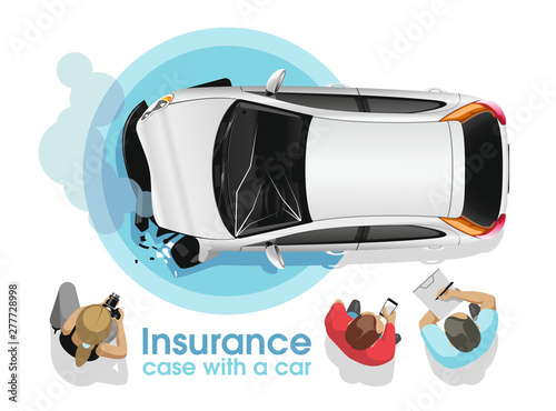 The insurance agent and the photographer investigate and photograph the broken white car in the presence of the owner and process insurance documents