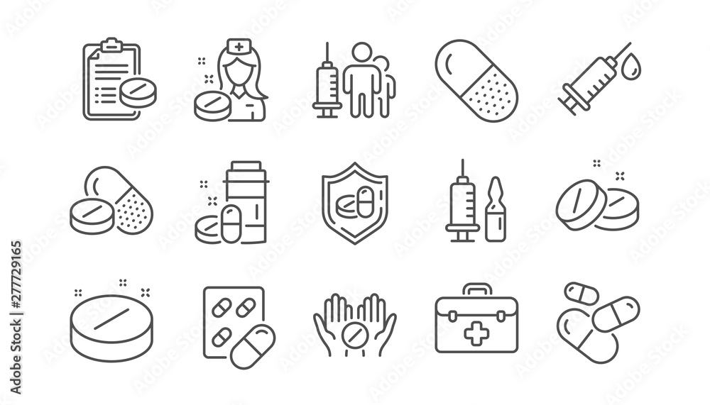 Medical drugs line icons. Healthcare, Prescription and Pill signs. Pharmacy drugs, recipe pill icons. Antibiotic capsule, syringe vaccination. Linear set. Vector