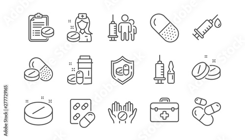 Medical drugs line icons. Healthcare  Prescription and Pill signs. Pharmacy drugs  recipe pill icons. Antibiotic capsule  syringe vaccination. Linear set. Vector