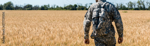 panoramic shot of military man with backpack standing in field with wheat