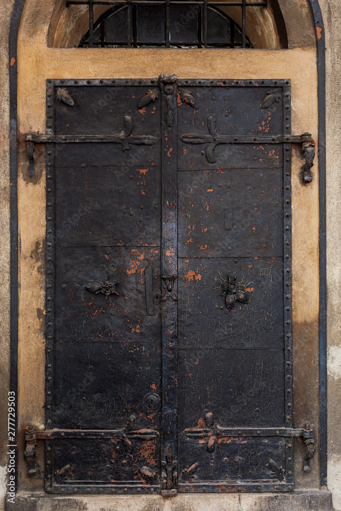 Old iron gate, closed shut and secured with latches Old iron gate, closed shut and secured with latches