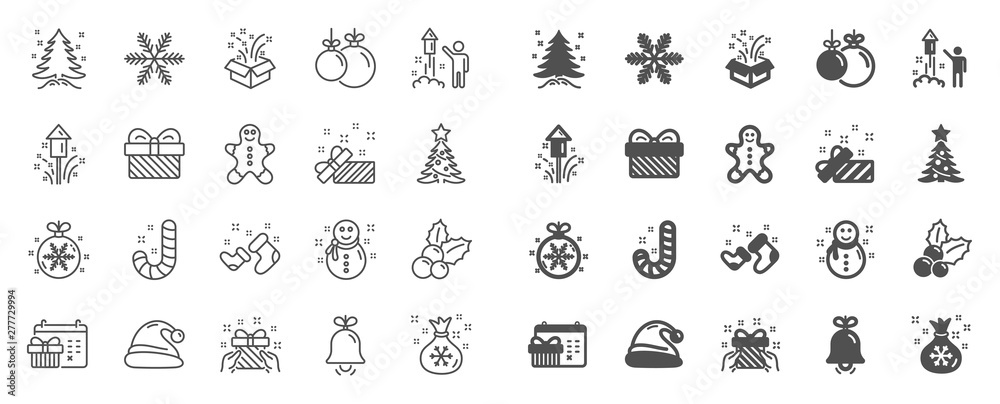 Christmas, New year line icons. Santa hat, Gingerbread man and Gift box icons. Fireworks, Snowflake and christmas holly. Snowman, santa socks and Pine tree. New year ball, holiday calendar. Vector