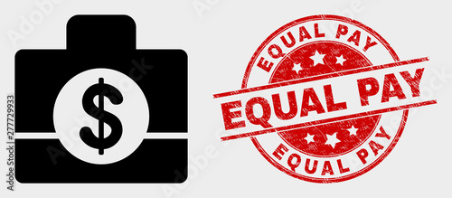 Vector business case pictogram and Equal Pay seal stamp. Red round textured seal stamp with Equal Pay text. Vector combination for business case in flat style. Black isolated business case pictogram.