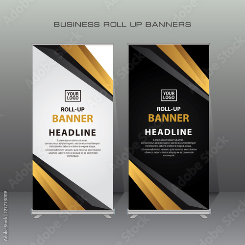 Gold Modern Roll Up Banner. Golden Color standing banner template design for Advertising.