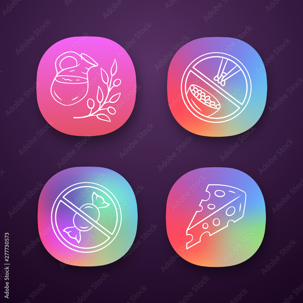 No sugar organic products app icons set. Dietary food healthy eating. UI/UX user interface. Glucose free and low carbs keto diet. Web or mobile applications. Vector isolated illustrations