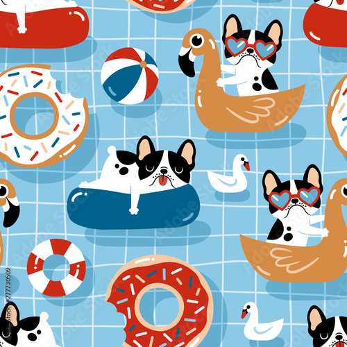 Seamless vector pattern with cute dogs with pool floats in a swimming pool.