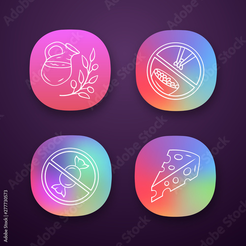 No sugar organic products app icons set. Dietary food healthy eating. UI/UX user interface. Glucose free and low carbs keto diet. Web or mobile applications. Vector isolated illustrations