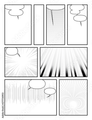 black and white comic book template with effects and speech bubbles. comic template Vector