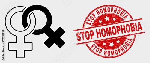 Vector lesbian symbol icon and Stop Homophobia watermark. Red rounded distress watermark with Stop Homophobia text. Vector composition for lesbian symbol in flat style.
