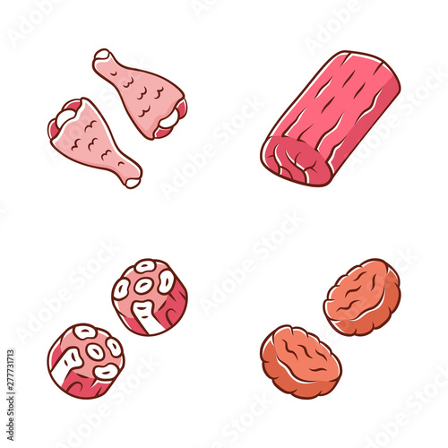 Butchers meat color icons set. Chicken drumsticks, pork roast, burger patties, oxtails. Meat production and sale. Butchery business. Protein sources. Isolated vector illustrations