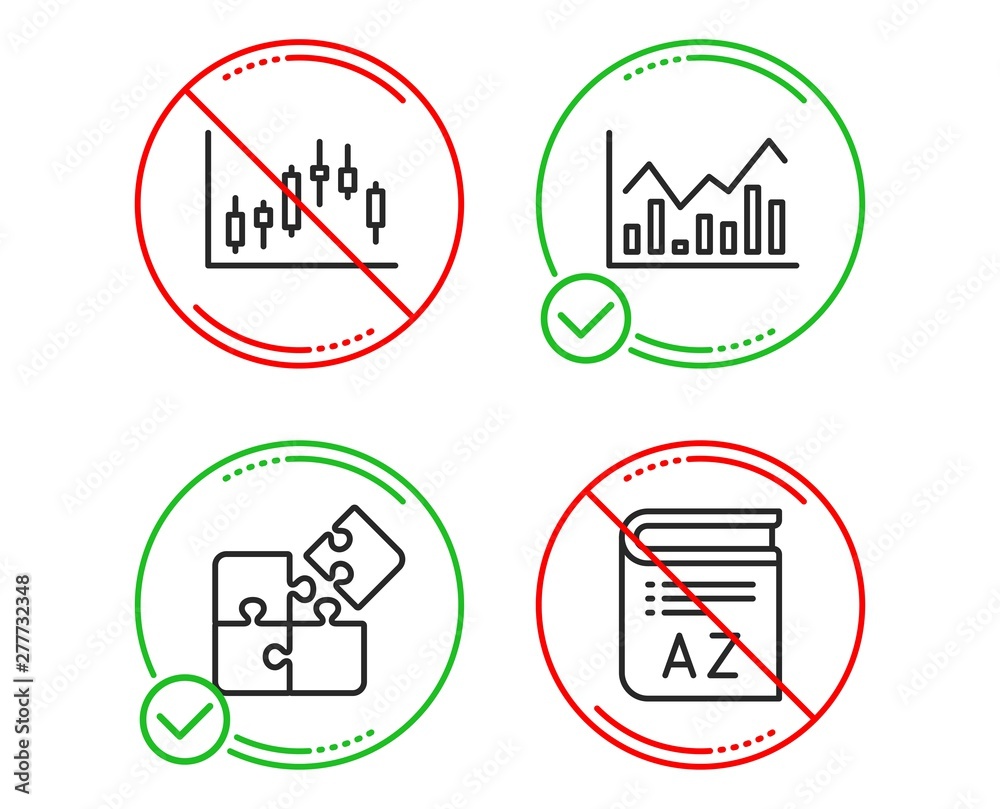 Do or Stop. Candlestick graph, Infochart and Puzzle icons simple set. Vocabulary sign. Finance chart, Stock exchange, Engineering strategy. Book. Science set. Line candlestick graph do icon. Vector Do or Stop. Candlestick graph, Infochart and Puzzle icons simple set. Vocabulary sign. Finance chart, Stock exchange, Engineering strategy. Book. Science set. Line candlestick graph do icon. Vector