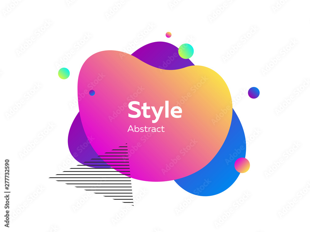 Pink, orange and blue abstract flowing shapes. Hatched triangle, circle, layers, gradient colors. Vector illustration for trendy posters, logos, presentation slide design