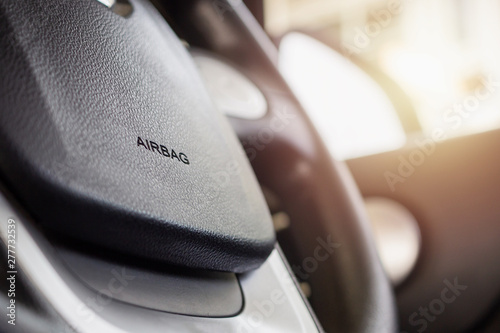Safety airbag sign on car steering wheel