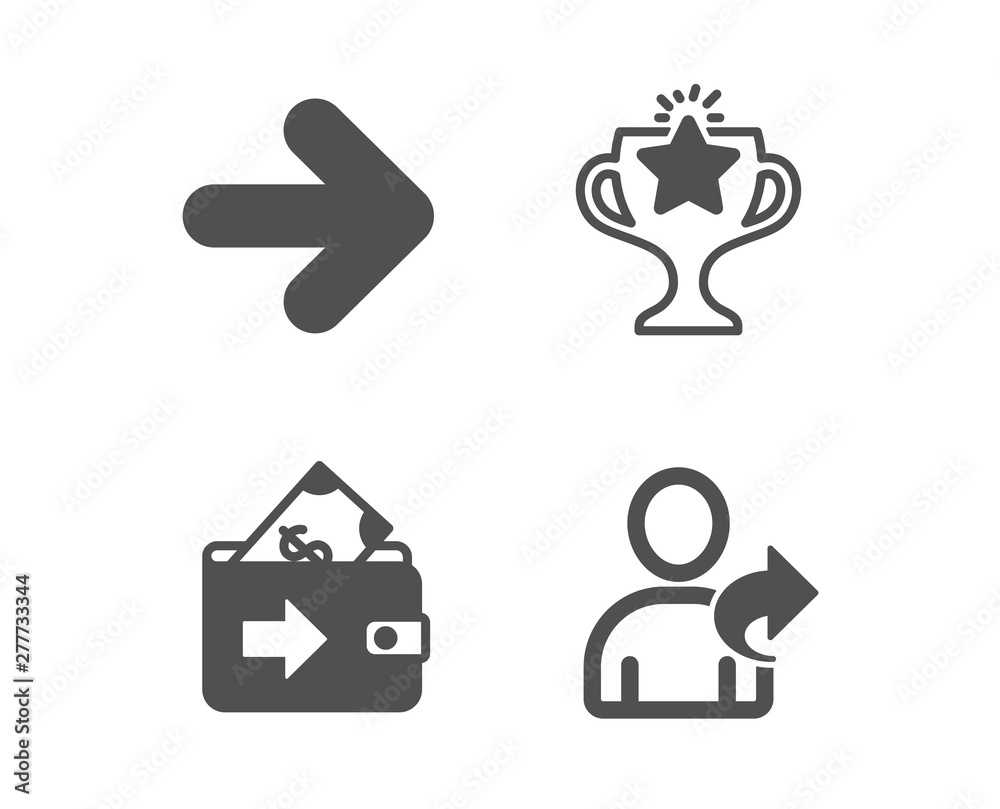 Set of Wallet, Victory and Next icons. Refer friend sign. Money payment, Championship prize, Forward. Share. Classic design wallet icon. Flat design. Vector Set of Wallet, Victory and Next icons. Refer friend sign. Money payment, Championship prize, Forward. Share. Classic design wallet icon. Flat design. Vector