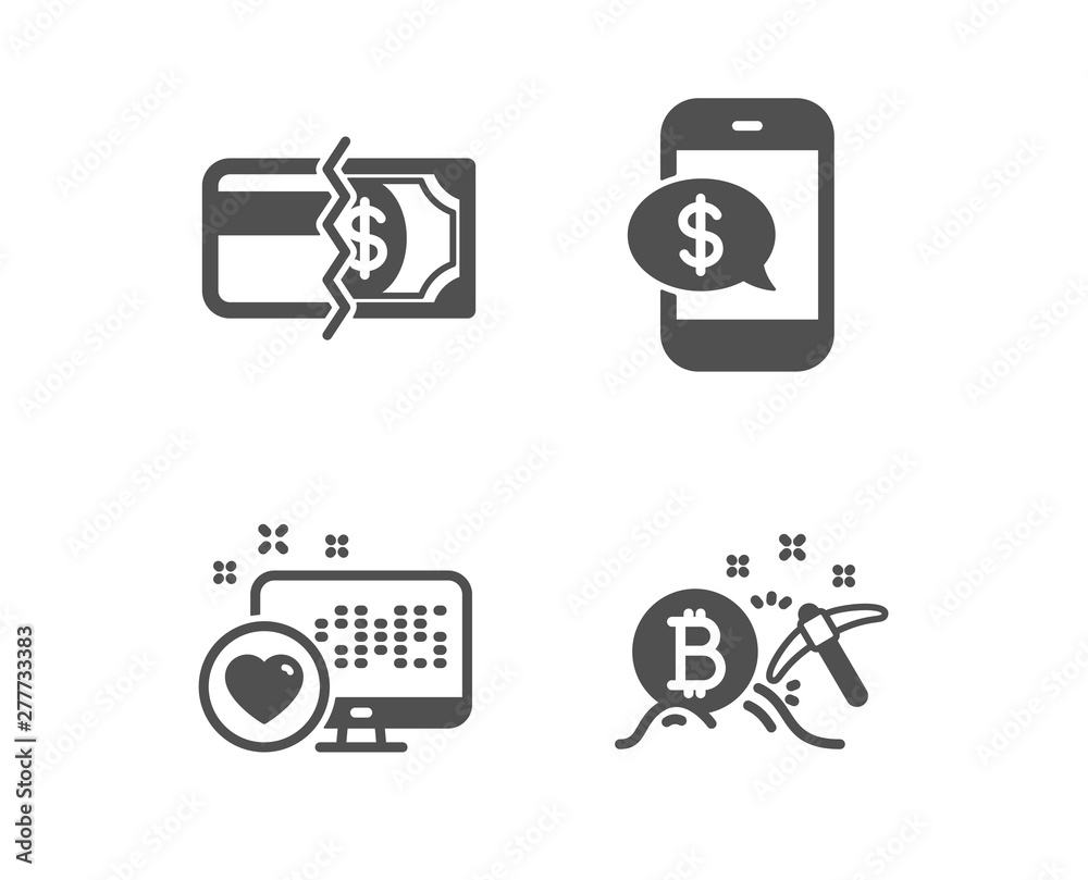 Set of Heart, Phone payment and Payment methods icons. Bitcoin mining sign. Social media, Mobile pay, Credit card. Cryptocurrency pickaxe. Classic design heart icon. Flat design. Vector Set of Heart, Phone payment and Payment methods icons. Bitcoin mining sign. Social media, Mobile pay, Credit card. Cryptocurrency pickaxe. Classic design heart icon. Flat design. Vector