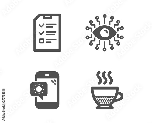 Set of Artificial intelligence, Weather phone and Interview icons. Doppio sign. All-seeing eye, Travel device, Checklist file. Coffee drink.  Classic design artificial intelligence icon. Flat design