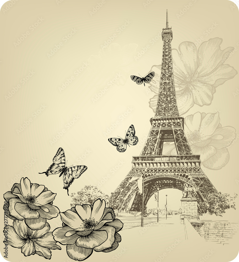 custom made wallpaper toronto digitalVintage background with Eiffel Tower and roses. Hand drawing, vector illustration.