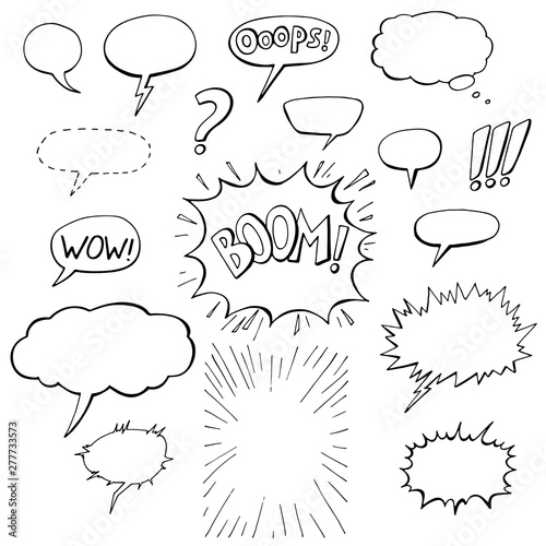 collection of hand-drawn comic elements, speech bubbles