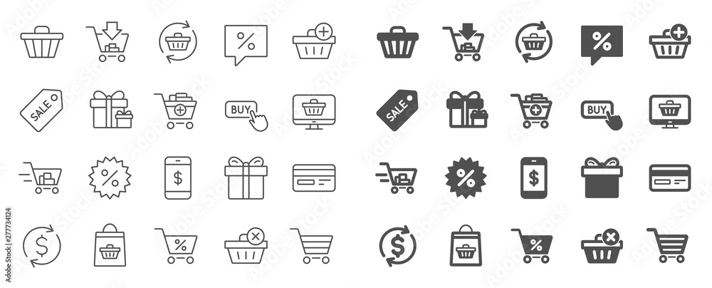 Shopping line icons. Gift box, Present coupon and Sale offer tag signs. Shopping cart, surprise gift and Delivery symbols. Speech bubble, Discount tag coupon , Credit card. Online sale. Vector