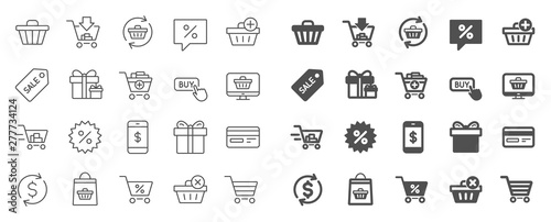 Shopping line icons. Gift box, Present coupon and Sale offer tag signs. Shopping cart, surprise gift and Delivery symbols. Speech bubble, Discount tag coupon , Credit card. Online sale. Vector