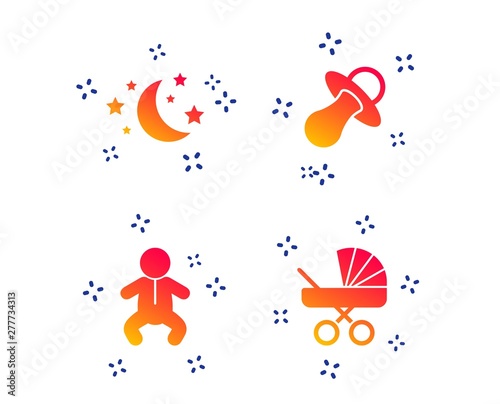 Moon and stars symbol. Baby infants icon. Buggy and dummy signs. Child pacifier and pram stroller. Random dynamic shapes. Gradient sleep icon. Vector