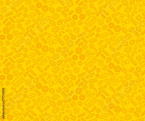 Pasta noodles vector seamless pattern. Macaroni linear icons yellow background. Traditional italian pasta types orange texture. Restaurant, kitchen textile, wallpaper, wrapping paper design
