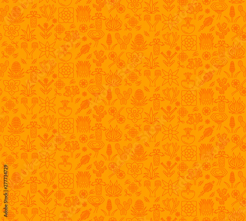 Desert plants vector seamless pattern. Succulents and cactuses orange background. Mexican, California plants and flowers texture. Exotic, tropical flora wallpaper. Textile, wrapping paper design