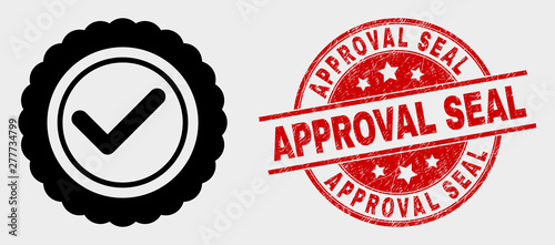 Vector approve seal pictogram and Approval Seal stamp. Red rounded distress seal stamp with Approval Seal text. Vector combination in flat style. Black isolated confirmation mark pictogram.