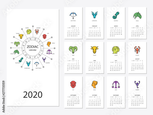 Calendar 2020 with horoscope signs zodiac symbols set