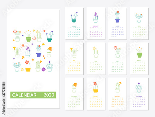 Calendar 2020 set with cactus succulents in minimalistic 