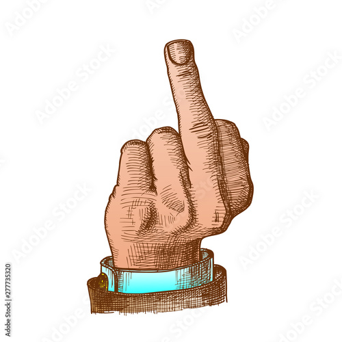 Outrageous And Contempt Fuck You Gesture Vector. Male Aggressive Gesture Hand Middle Finger Up Showing Sign. Businessman Wrist Gesturing Signal Color Closeup Illustration