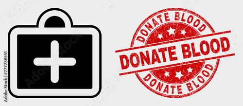 Vector first-aid case pictogram and Donate Blood seal. Red round scratched seal stamp with Donate Blood caption. Vector composition for first-aid case in flat style.