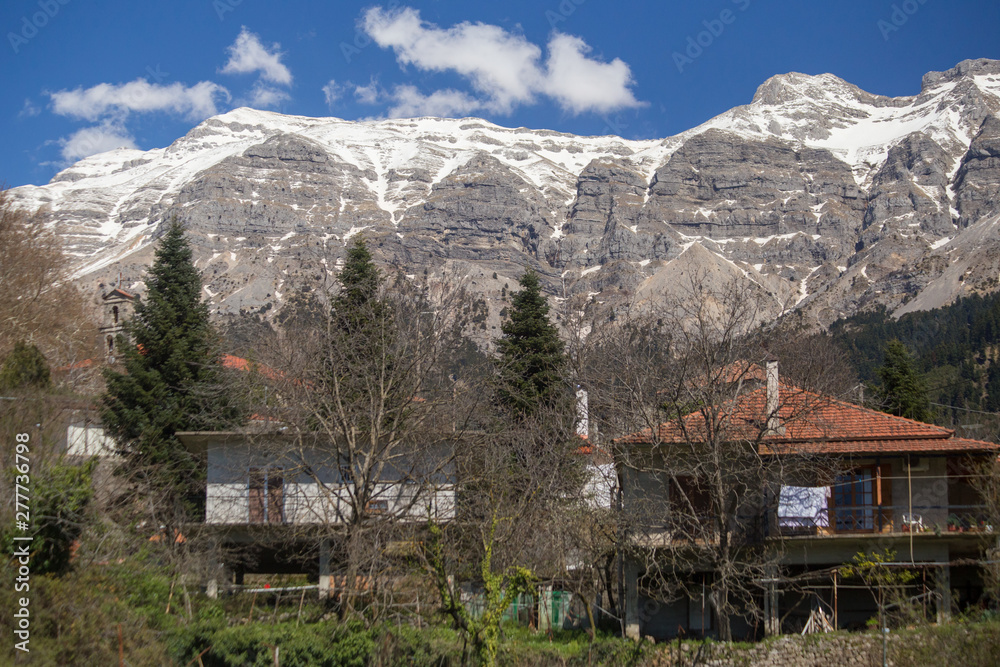 kipseli village in Arta perfecture view from central square to the mountain