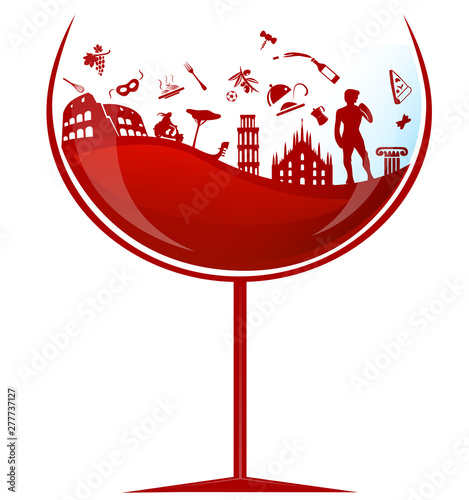 glass of italian red wine with symbol element 