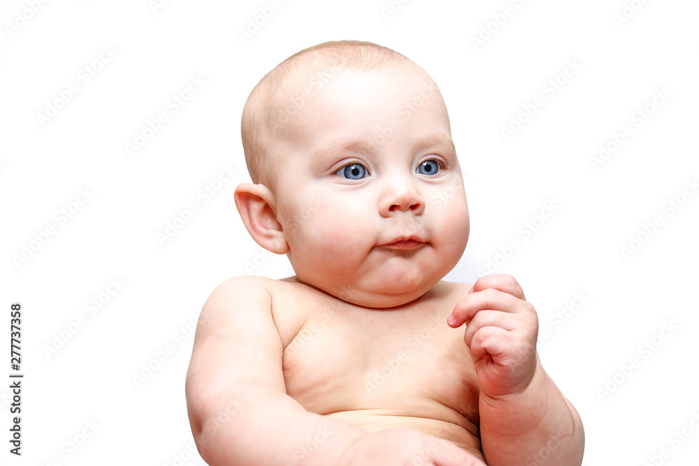Chubby naked baby with blue eyes isolated closeup Chubby naked baby with blue eyes isolated closeup