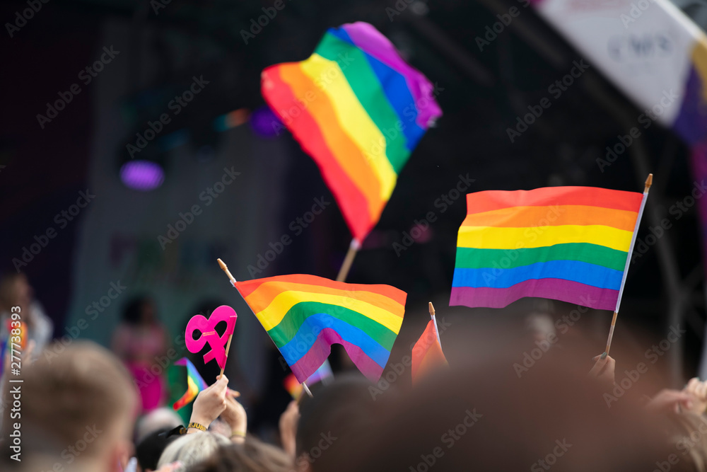 Gay pride, LGBTQ rainbow flags being waved in the air at a pride event ...