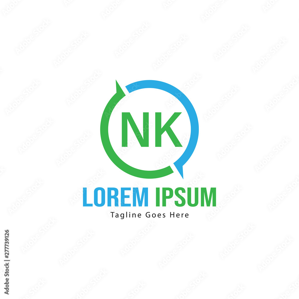 Initial NK logo template with modern frame. Minimalist NK letter logo vector illustration