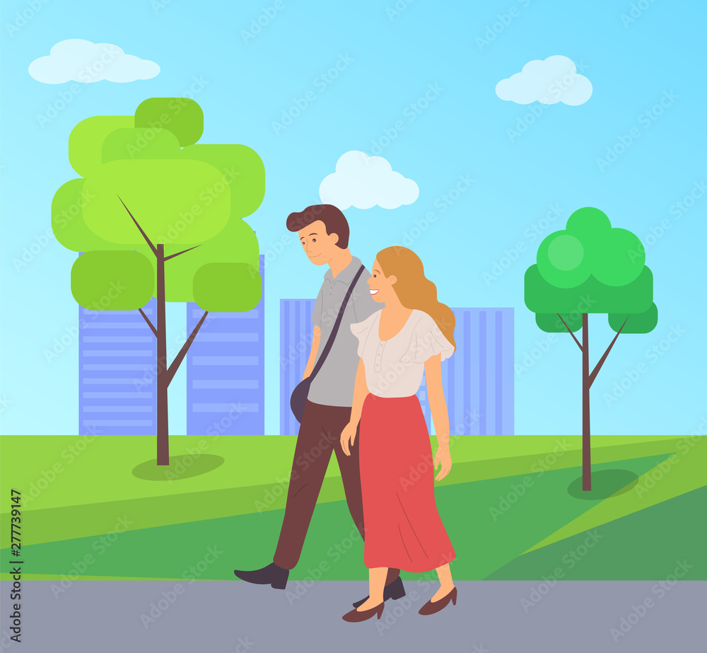 Male and female walking together in green city park, cartoon characters. Vector guy and blonde girl in long red skirt, dating man and woman, summer or spring Stock Vector | Adobe Stock Male and female walking together in green city park, cartoon characters. Vector guy and blonde girl in long red skirt, dating man and woman, summer or spring Stock Vector | Adobe Stock