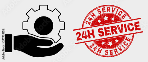 Vector gear service hand pictogram and 24H Service seal stamp. Red rounded distress seal stamp with 24H Service caption. Vector composition in flat style. Black isolated gear service hand pictogram.
