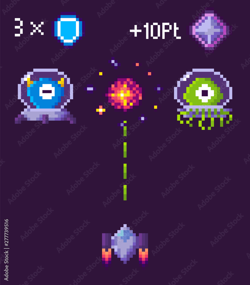 War of ufo and spaceship, ship shooting, screen of video-game, pixelated bomb of monster, 8 bit cosmic object on purple, fly element, pixel game, rocket with laser vector War of ufo and spaceship, ship shooting, screen of video-game, pixelated bomb of monster, 8 bit cosmic object on purple, fly element, pixel game, rocket with laser vector