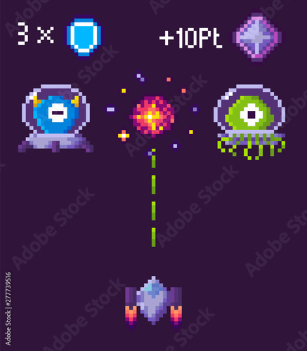 War of ufo and spaceship, ship shooting, screen of video-game, pixelated bomb of monster, 8 bit cosmic object on purple, fly element, pixel game, rocket with laser vector © robu_s