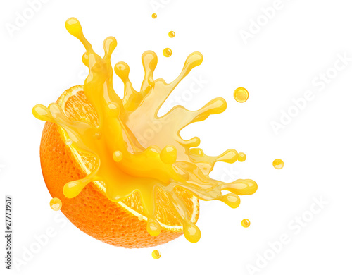 Fresh ripe orange fruit and orange juice or smoothie 3D splash. Tasty vitamin citrus juice splashing, orange juice or smoothie isolated on white. Healthy orange drink tropical fruit design element