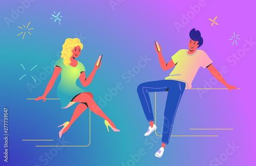 Couple using a new mobile app concept vector illustration. Young man and woman sitting and looking at smartphone screen