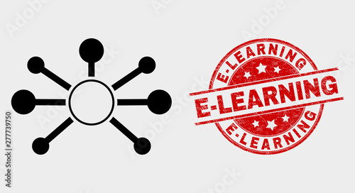 Vector node links icon and E-Learning stamp. Red round distress stamp with E-Learning text. Vector combination for node links in flat style. Black isolated node links icon.
