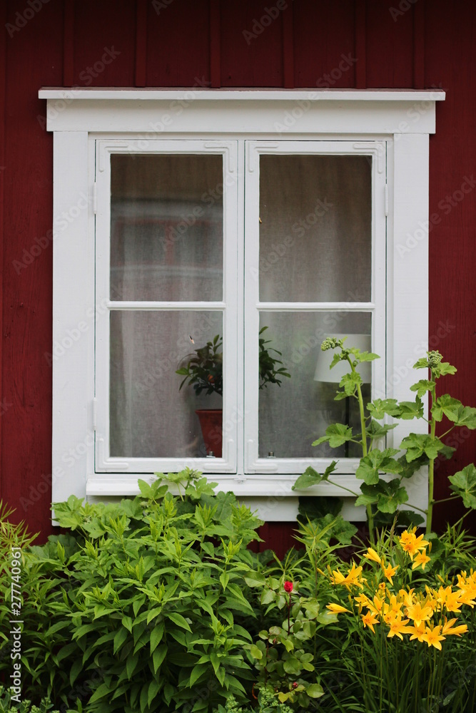 Window in an old Swedish house. Vintage window in the red house