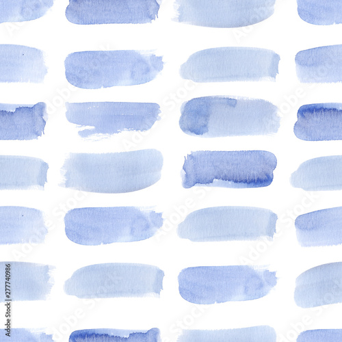 Watercolor hand painted abstract blue brush strokes stains illustration seamless pattern isolated on white background