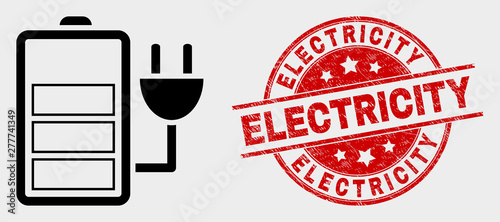 Vector charge battery pictogram and Electricity stamp. Red round scratched seal stamp with Electricity text. Vector combination for charge battery in flat style.