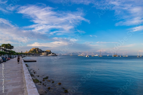 Garitsa Bay and the yacht marina of Corfu City. Old fortress on the background. Corfu Island  Greece  Europe